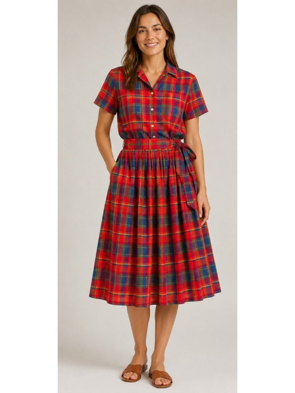 Liz Sport Vtg 2 Piece Dress Set Tartan Plaid Wrap Skirt & Shirt Academia Women M - Picture 2 of 16